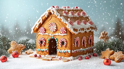 A whimsical gingerbread house adorned with colorful candies, surrounded by a snowy winter landscape.