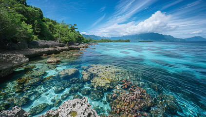 Obraz premium A serene coastline with crystal-clear waters and strange, glowing coral reefs