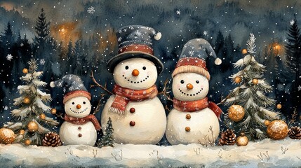 Charming snowmen adorned with hats and scarves, surrounded by snowy trees in a magical winter landscape.