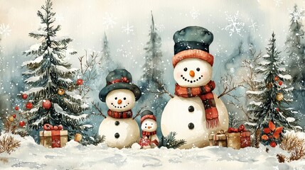 Charming winter scene featuring joyful snowmen surrounded by evergreen trees and festive decorations in a snowy landscape.
