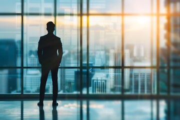 Fototapeta premium A businessman standing in a modern office with a panoramic window and city view