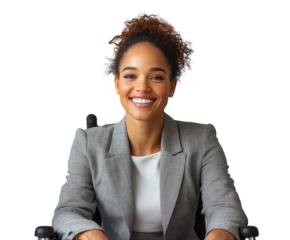 Smiling woman in wheelchair wearing stylish clothes isolated on white background. PNG transparent.