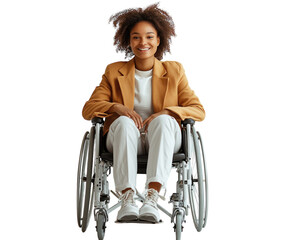 Smiling woman in wheelchair wearing stylish clothes isolated on white background. PNG transparent.