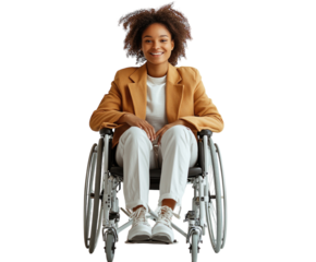 Smiling woman in wheelchair wearing stylish clothes isolated on white background. PNG transparent.