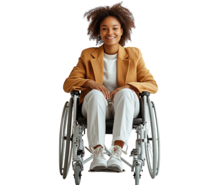 Smiling woman in wheelchair wearing stylish clothes isolated on white background. PNG transparent.