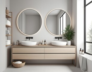 Close up of a double sink on a wooden vanity in a bathroom,
Modern bathroom interior with a wooden shelf two sinks standing on it 
