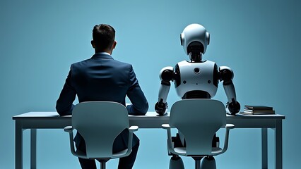 Rearview of the businessman in an elegant suit sitting in a chair next to the white robot cyborg in...