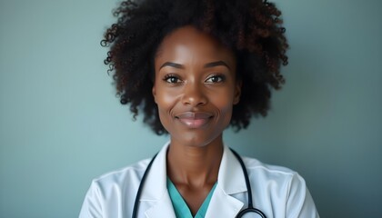 Smiling female doctor in white coat with stethoscope, standing confidently against light background, healthcare professional	