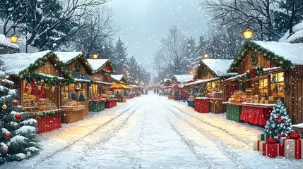 Enchanting winter market scene adorned with festive lights and snow, showcasing holiday spirit and seasonal joy.