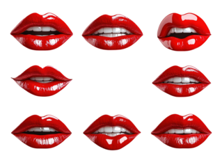 Red lipstick lips in various poses isolated on white background.. PNG transparent.
