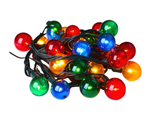 Colorful Christmas lights tangled isolated on white background.. PNG transparent.