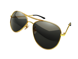Aviator sunglasses with gold frames isolated on white background.. PNG transparent.
