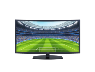 Curved TV showing soccer match isolated on white background.. PNG transparent.
