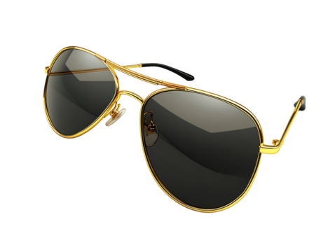 Aviator sunglasses with gold frames isolated on white background.. PNG transparent.