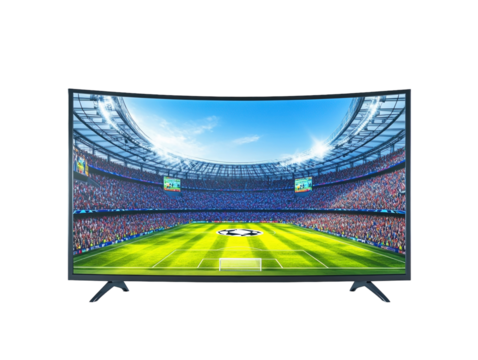 Curved TV showing soccer match isolated on white background.. PNG transparent. - Powered by Adobe