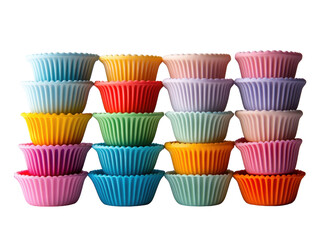 Colorful silicone muffin cups stacked on white background.. PNG transparent.