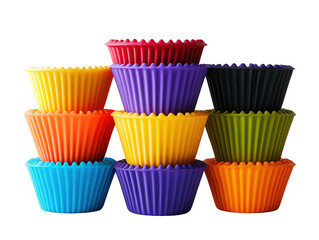 Colorful silicone muffin cups stacked on white background.. PNG transparent.