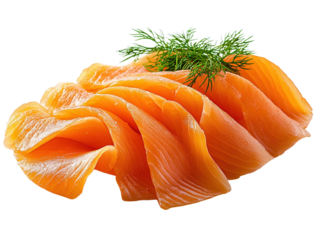 Smoked salmon slices with dill on white background.. PNG transparent.