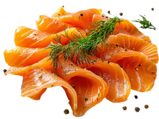 Smoked salmon slices with dill on white background.. PNG transparent.