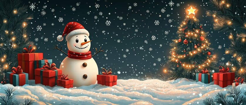 A cheerful snowman with a red hat and scarf stands amid gift boxes and a decorated Christmas tree in a snowy winter scene.
