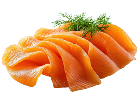 Smoked salmon slices with dill on white background.. PNG transparent.