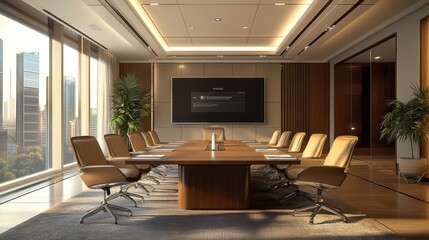 Fototapeta premium Modern conference room with sleek design, large table, and panoramic city views, perfect for meetings and presentations.