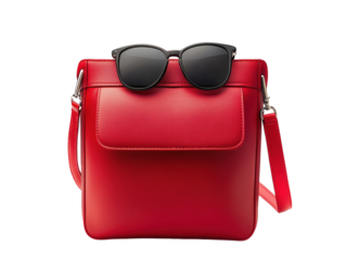 Red handbag with sunglasses isolated on white background. PNG transparent.