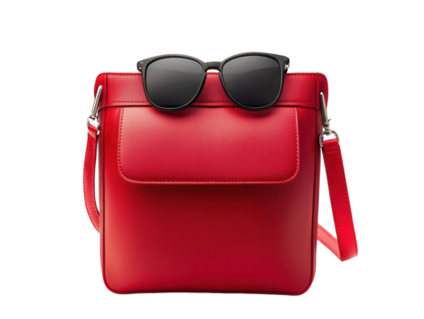 Red handbag with sunglasses isolated on white background. PNG transparent.