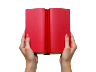 Hands holding a red book on orange background. PNG transparent.