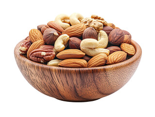 Mixed nuts in a wooden bowl isolated on white background. PNG transparent.
