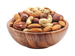 Mixed nuts in a wooden bowl isolated on white background. PNG transparent.