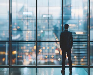 Fototapeta premium A businessman standing in a modern office with a panoramic window and city view