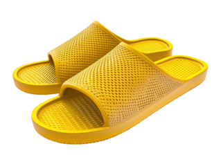Yellow rubber sandals isolated on white background. PNG transparent.