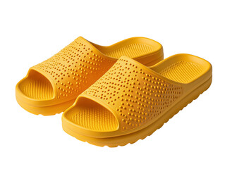Yellow rubber sandals isolated on white background. PNG transparent.