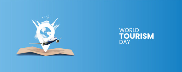 World Tourism Day. Travel concept, Tourism day vector design, location icon with tourism day typography, world map with air plane.