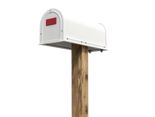 White mailbox on wooden post isolated on white background. PNG transparent.