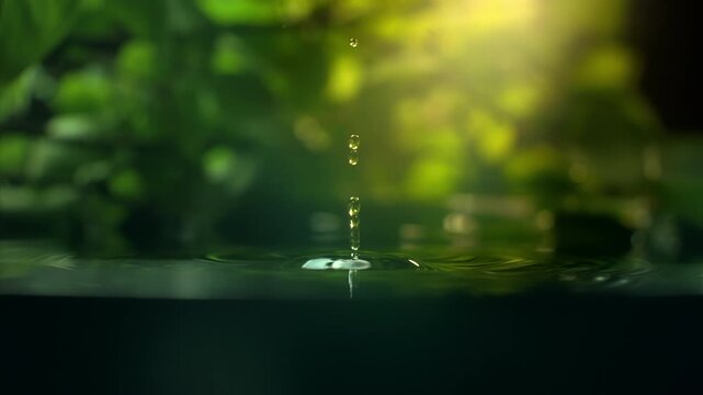 Macro shot of organic serum drop is falling. Crystal clear water splash. Concept of wellness beauty products. Green tea or aloe vera extract. Natural herb skin care. Essence dropping in slow motion