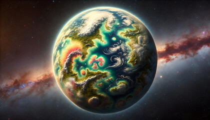 Colorful Alien Planet with Dynamic Cloud Patterns