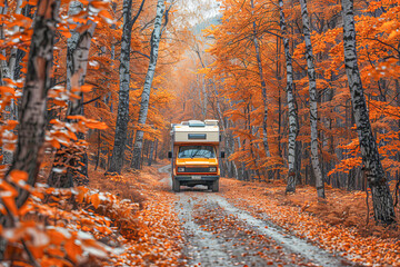 Obraz premium Camper van exploring a forest road during peak fall foliage