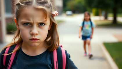 A young Caucasian girl with long blonde hair and gray eyes, wearing a black shirt and a backpack, looking directly at the camera with a serious expression