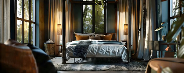 Bedroom Interior with Canopy Bed and Large Windows 3D Illustration