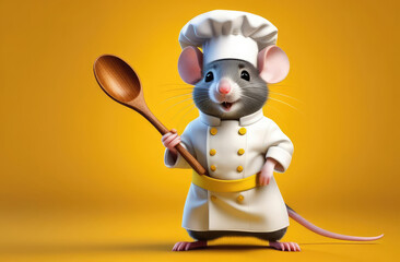 funny illustrated cute mouse in chef cook costume holding big wooden spoon on yellow background