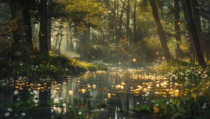 A tranquil forest clearing with a sparkling, enchanted pond