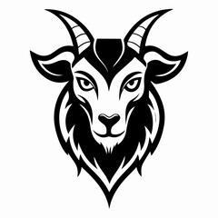 Unique vector illustration of a goat head with large horns, a mountain goat logo design, and a goat animal logo icon.