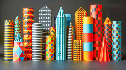 Modern paper cityscape with colorful geometric buildings standing tall