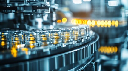 Industrial Glass Bottle Production Line in a Modern Factory with Conveyor Belt