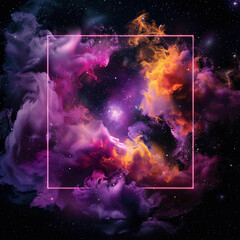 Obraz premium Spectacular cosmic cloud explosion within transparent square with black background. Colorful nebula and stars in space. Digital art for wallpaper and creative design, Generative AI.