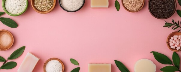 Aesthetic arrangement of natural ingredients and soaps on a pink background, perfect for beauty and wellness themes.