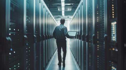 Smart IT engineer working in data center using laptop looking into data rack server cabinets - Model by AI generative - Soft focus on the back.