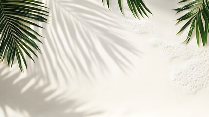 White background with palm leaves and shadows.